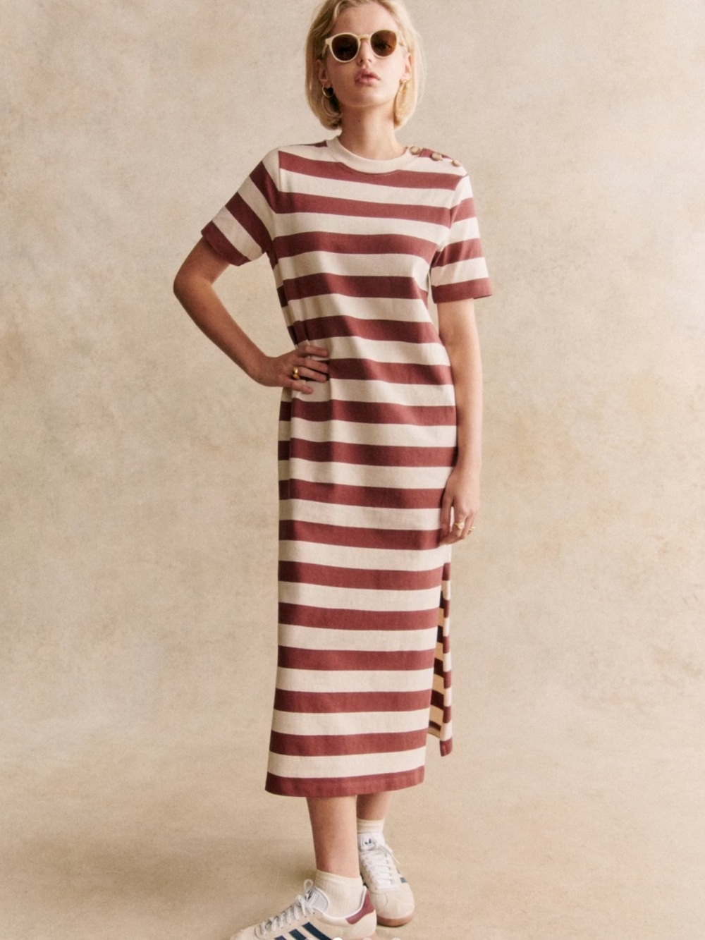 Sézane Emy dress - Striped Short-Sleeve Midi Dress in Cream and Brick